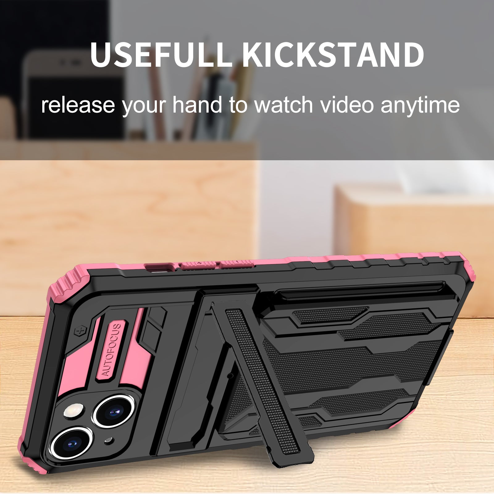 iPhone 15 Heavy Duty Kickstand Case Shockproof Card Holder PINK