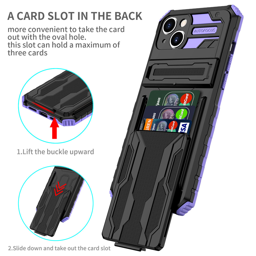 iPhone 14 Plus Heavy Duty Kickstand Case Shockproof Card Holder PURPLE