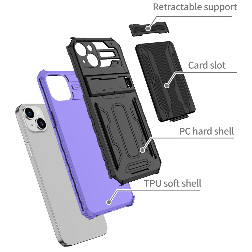 iPhone 14 Plus Heavy Duty Kickstand Case Shockproof Card Holder PURPLE