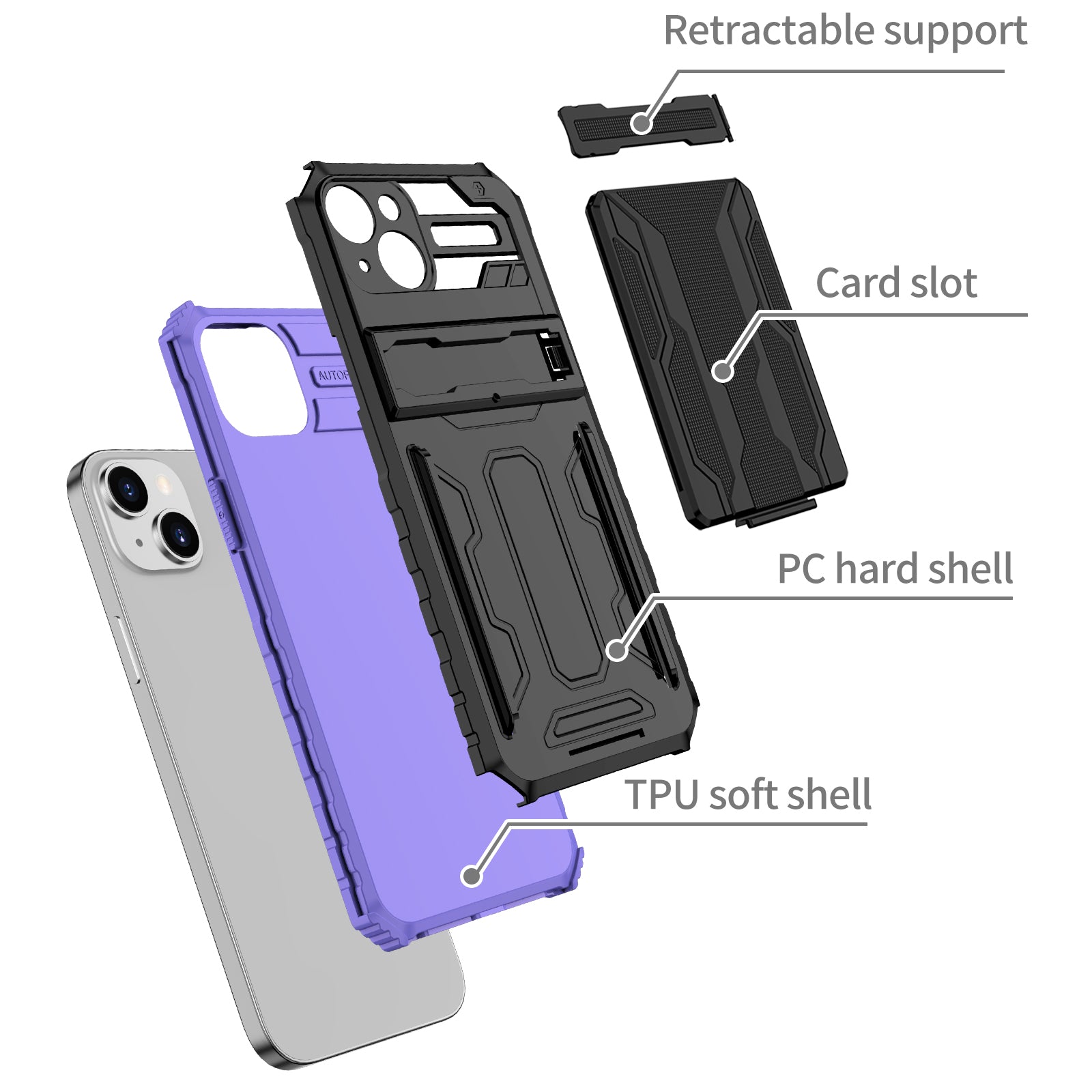 iPhone 14 Plus Heavy Duty Kickstand Case Shockproof Card Holder PURPLE