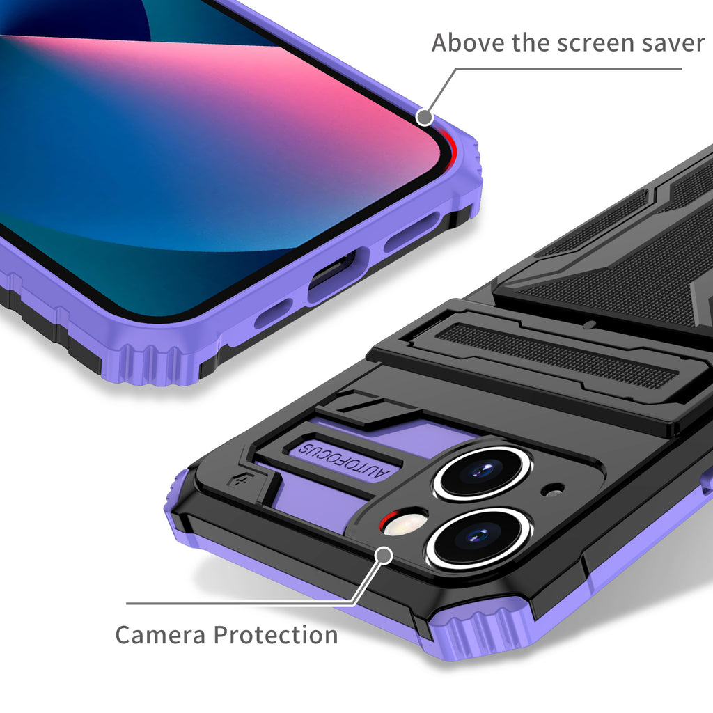 iPhone 14 Plus Heavy Duty Kickstand Case Shockproof Card Holder PURPLE
