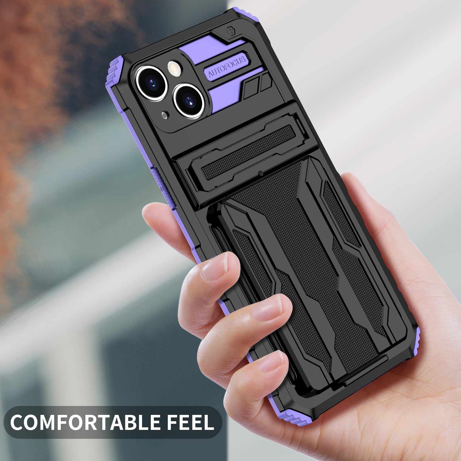 iPhone 14 Plus Heavy Duty Kickstand Case Shockproof Card Holder PURPLE
