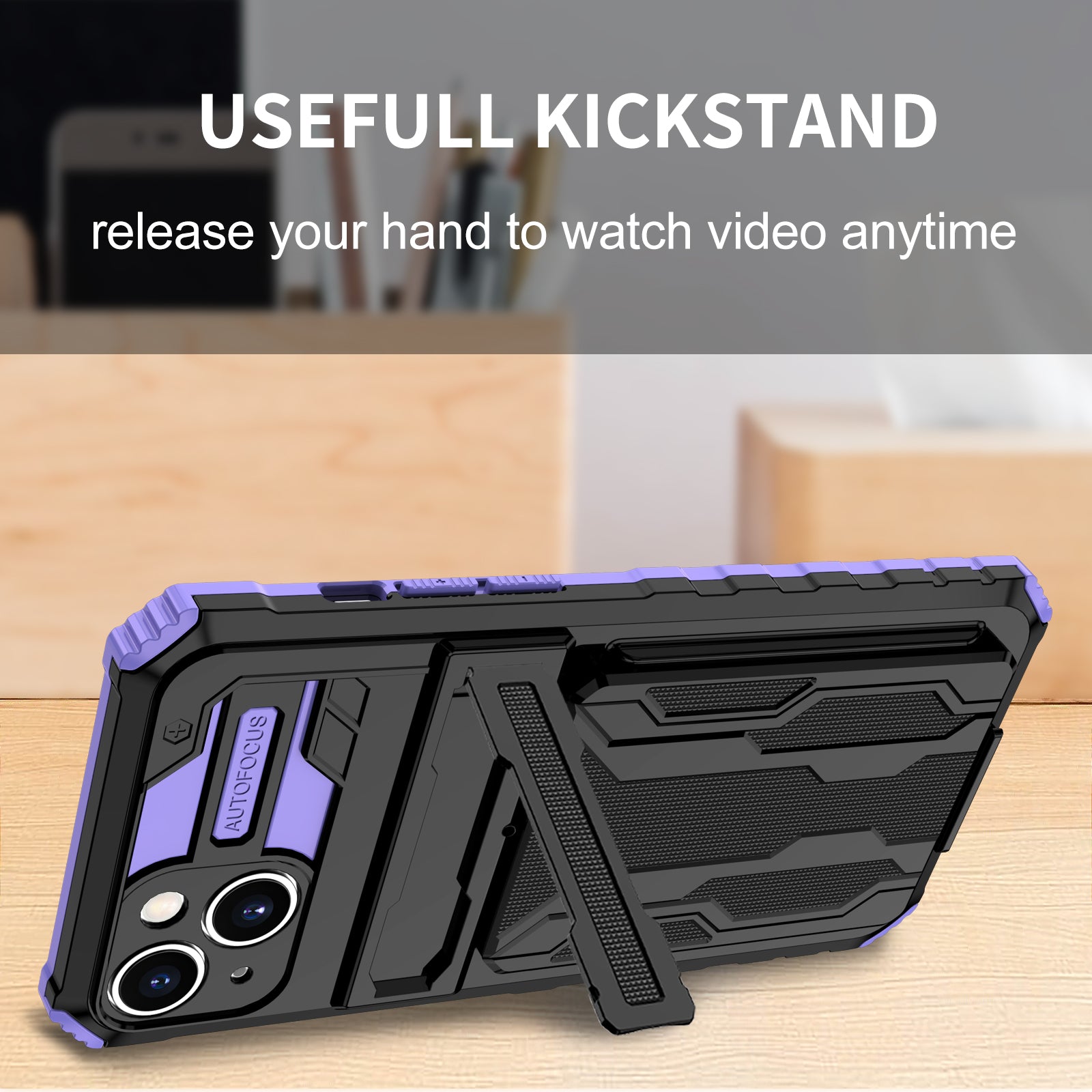 iPhone 14 Plus Heavy Duty Kickstand Case Shockproof Card Holder PURPLE