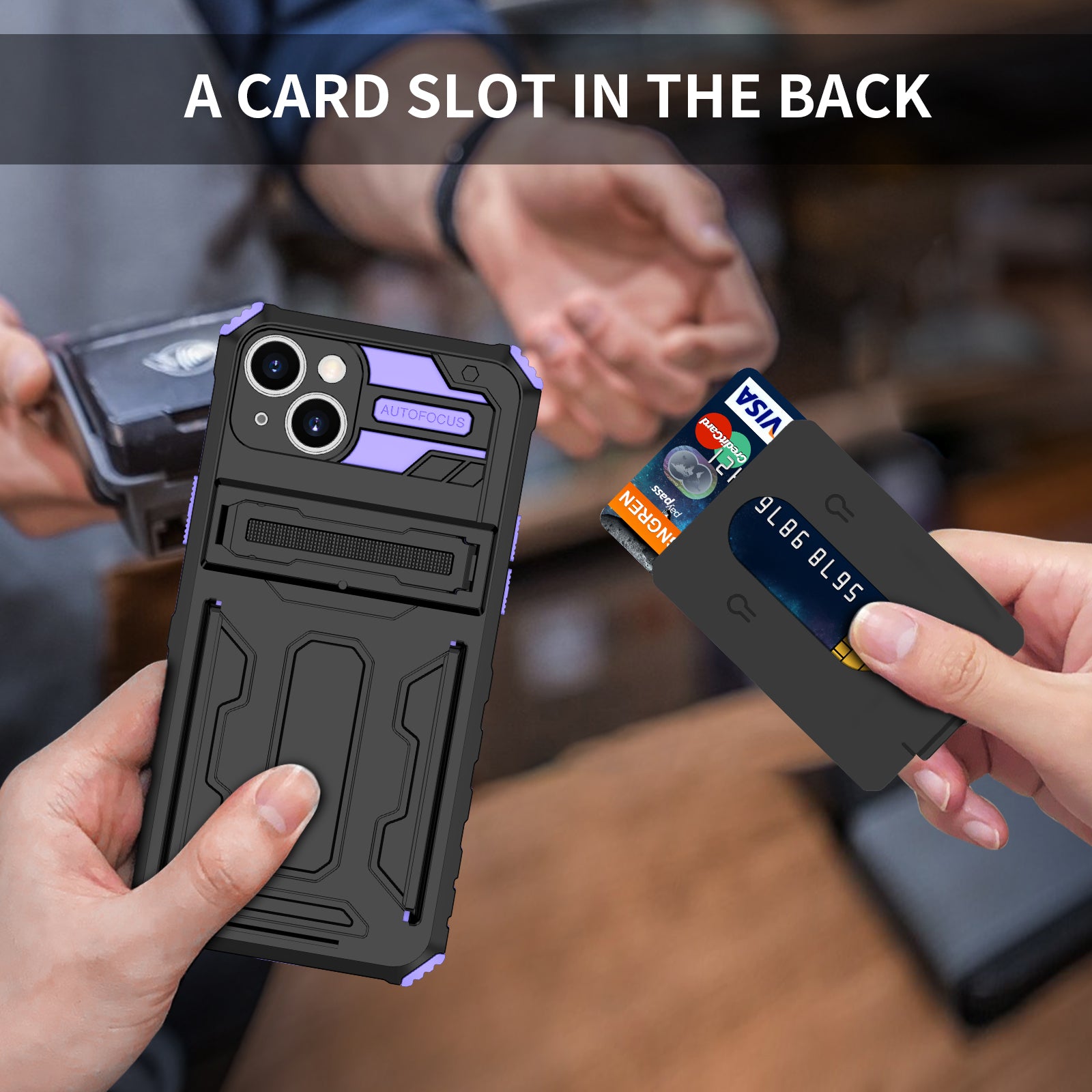 iPhone 14 Plus Heavy Duty Kickstand Case Shockproof Card Holder PURPLE