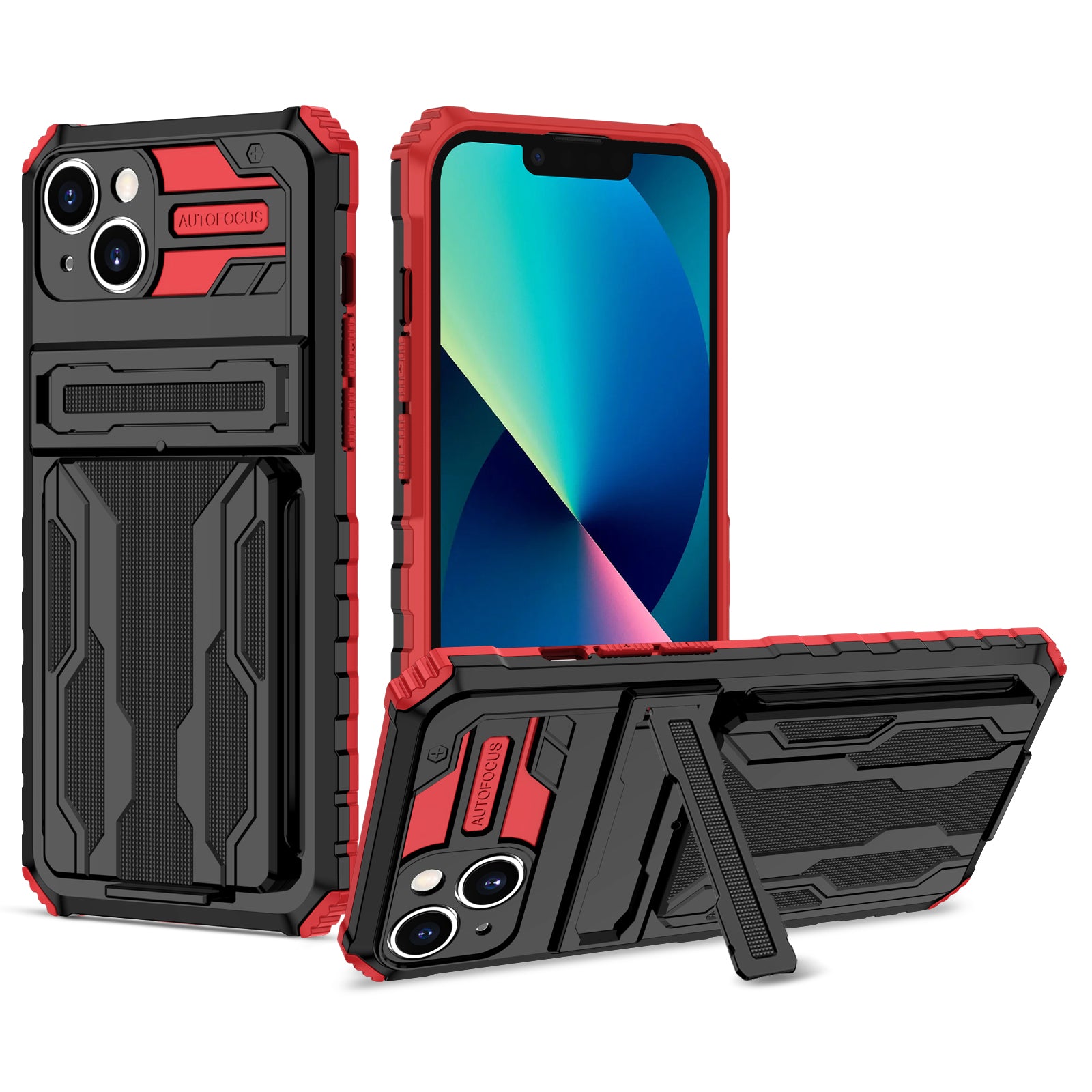 iPhone 15 Heavy Duty Kickstand Case Shockproof Card Holder RED