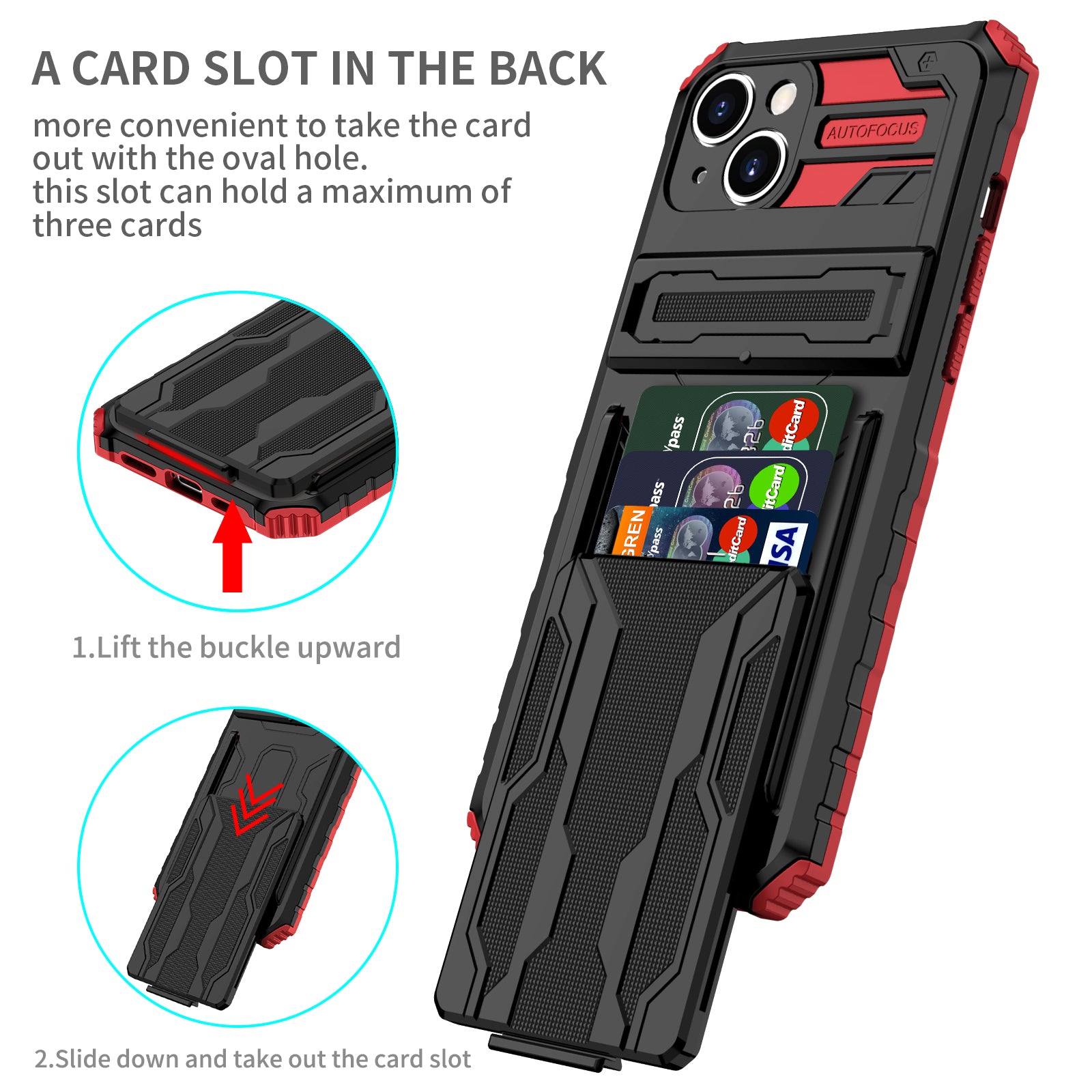 iPhone 15 Heavy Duty Kickstand Case Shockproof Card Holder RED
