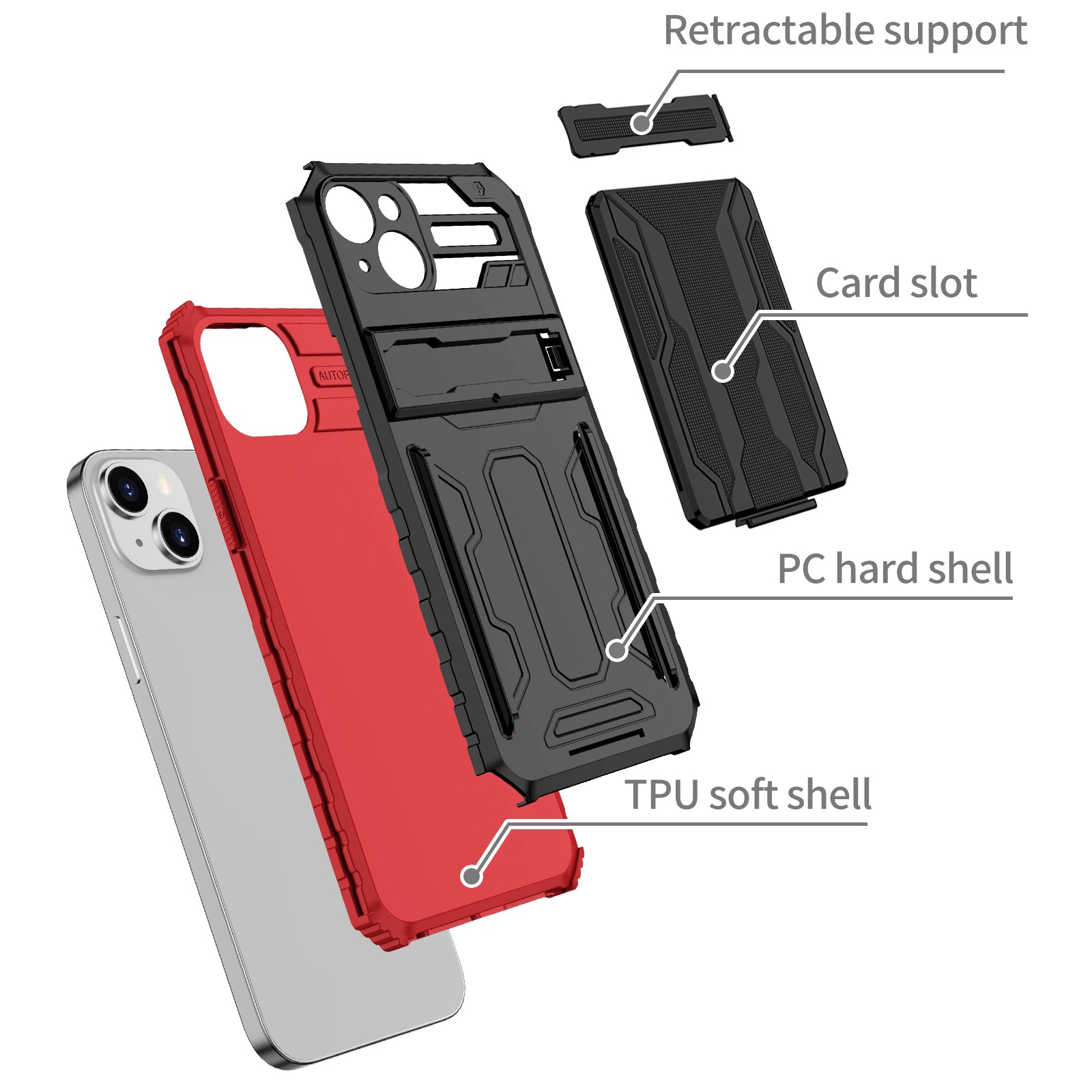 iPhone 15 Heavy Duty Kickstand Case Shockproof Card Holder RED