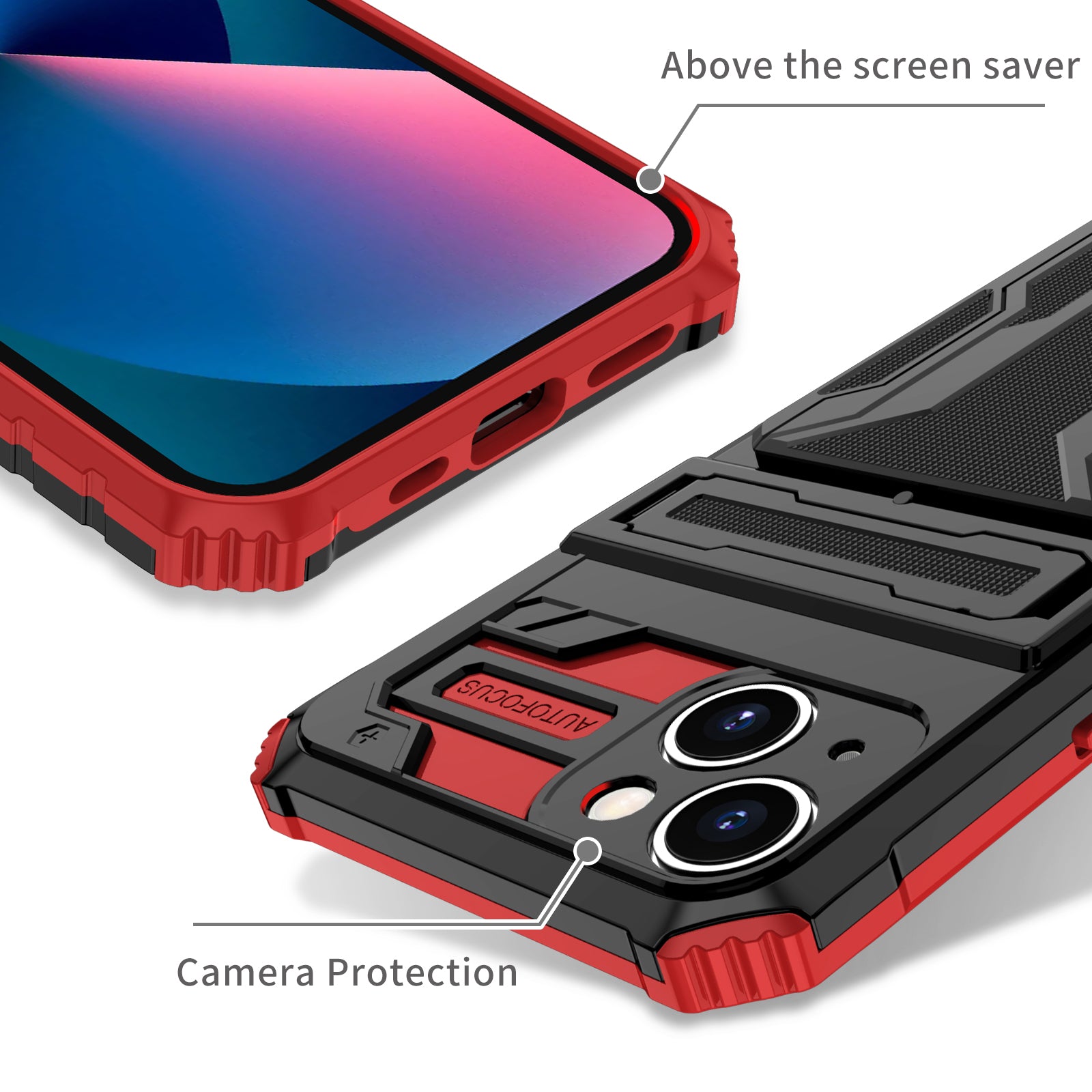 iPhone 15 Heavy Duty Kickstand Case Shockproof Card Holder RED
