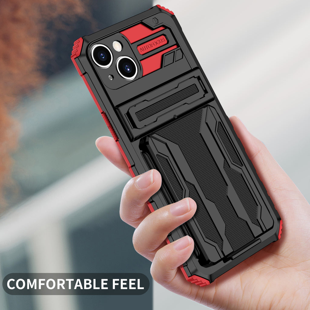 iPhone 15 Heavy Duty Kickstand Case Shockproof Card Holder RED