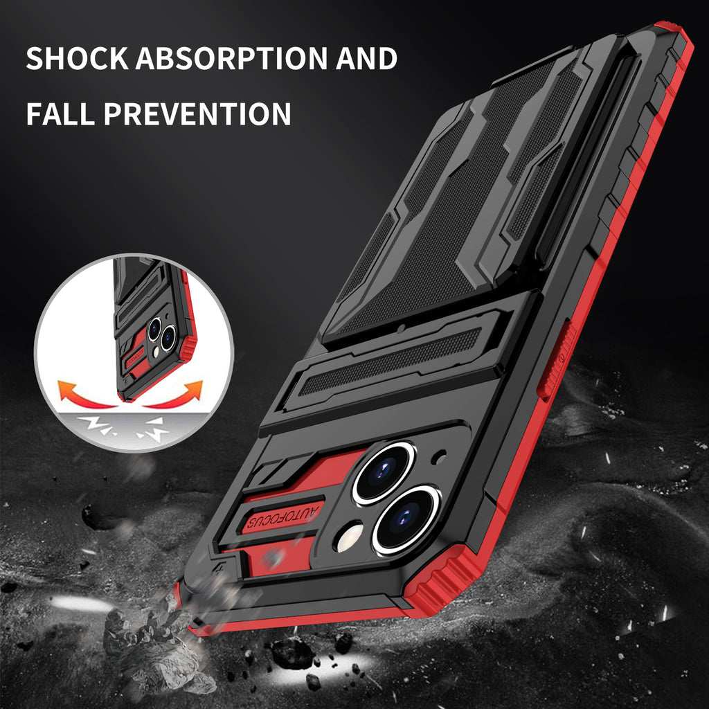 iPhone 15 Heavy Duty Kickstand Case Shockproof Card Holder RED
