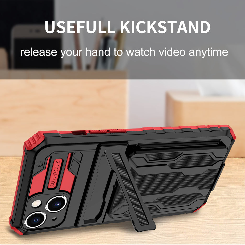 iPhone 15 Heavy Duty Kickstand Case Shockproof Card Holder RED