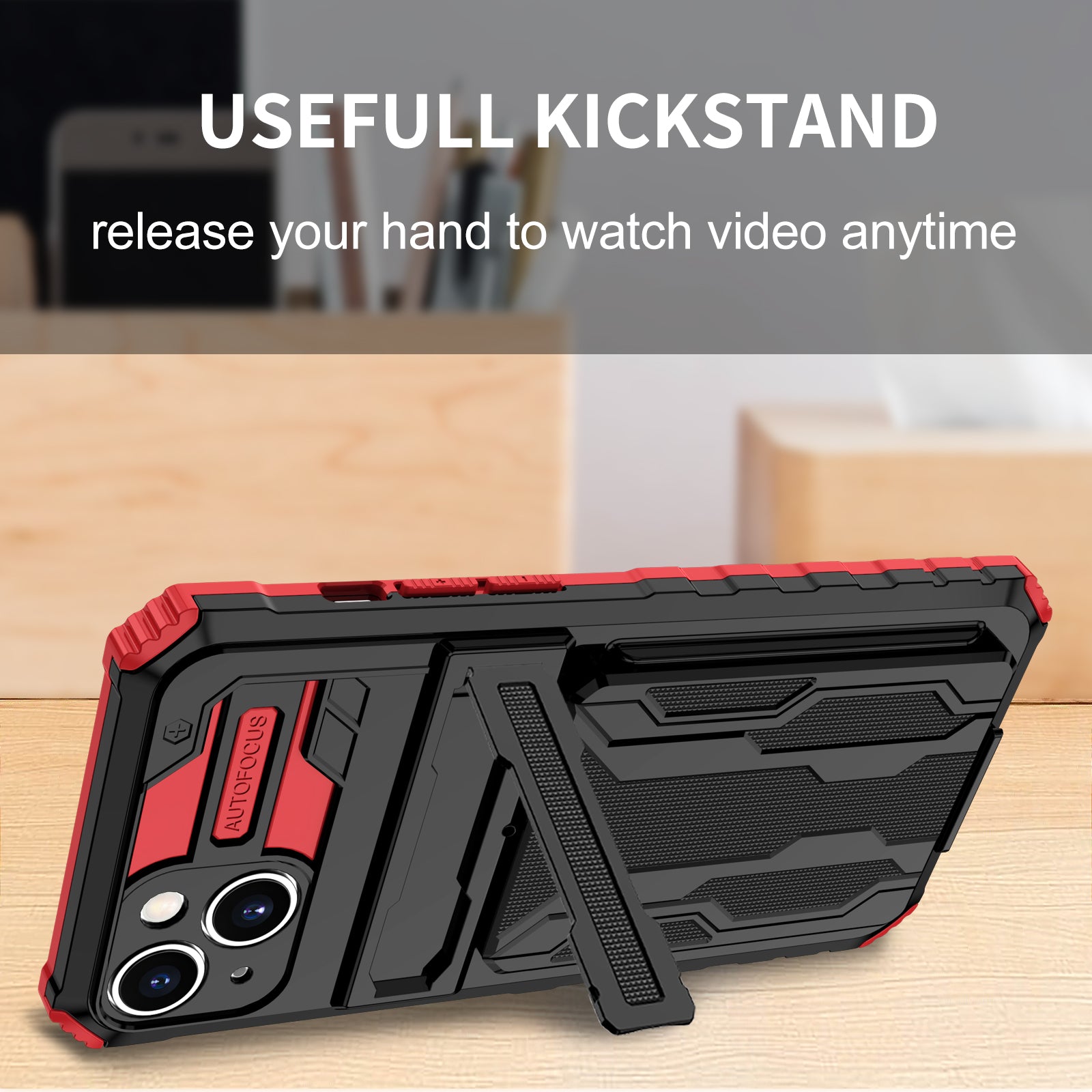 iPhone 15 Heavy Duty Kickstand Case Shockproof Card Holder RED