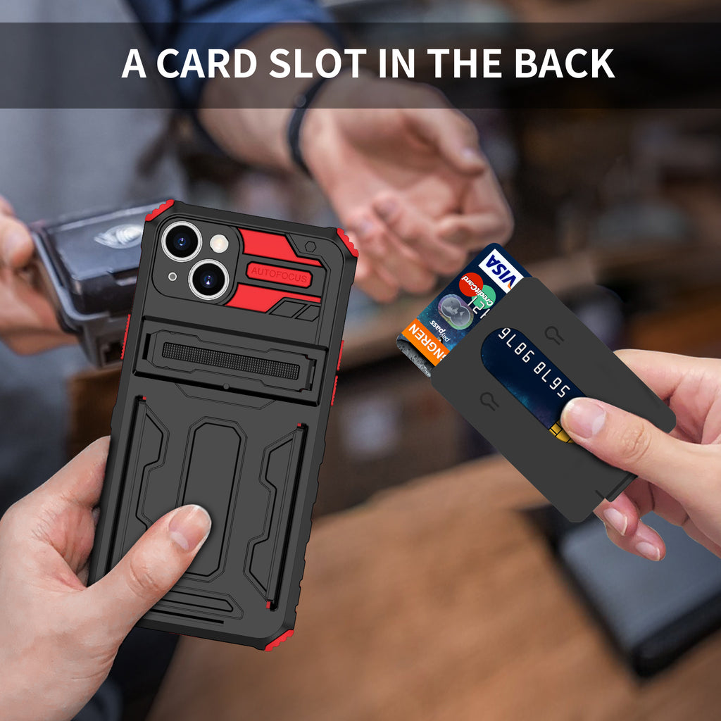 iPhone 15 Heavy Duty Kickstand Case Shockproof Card Holder RED