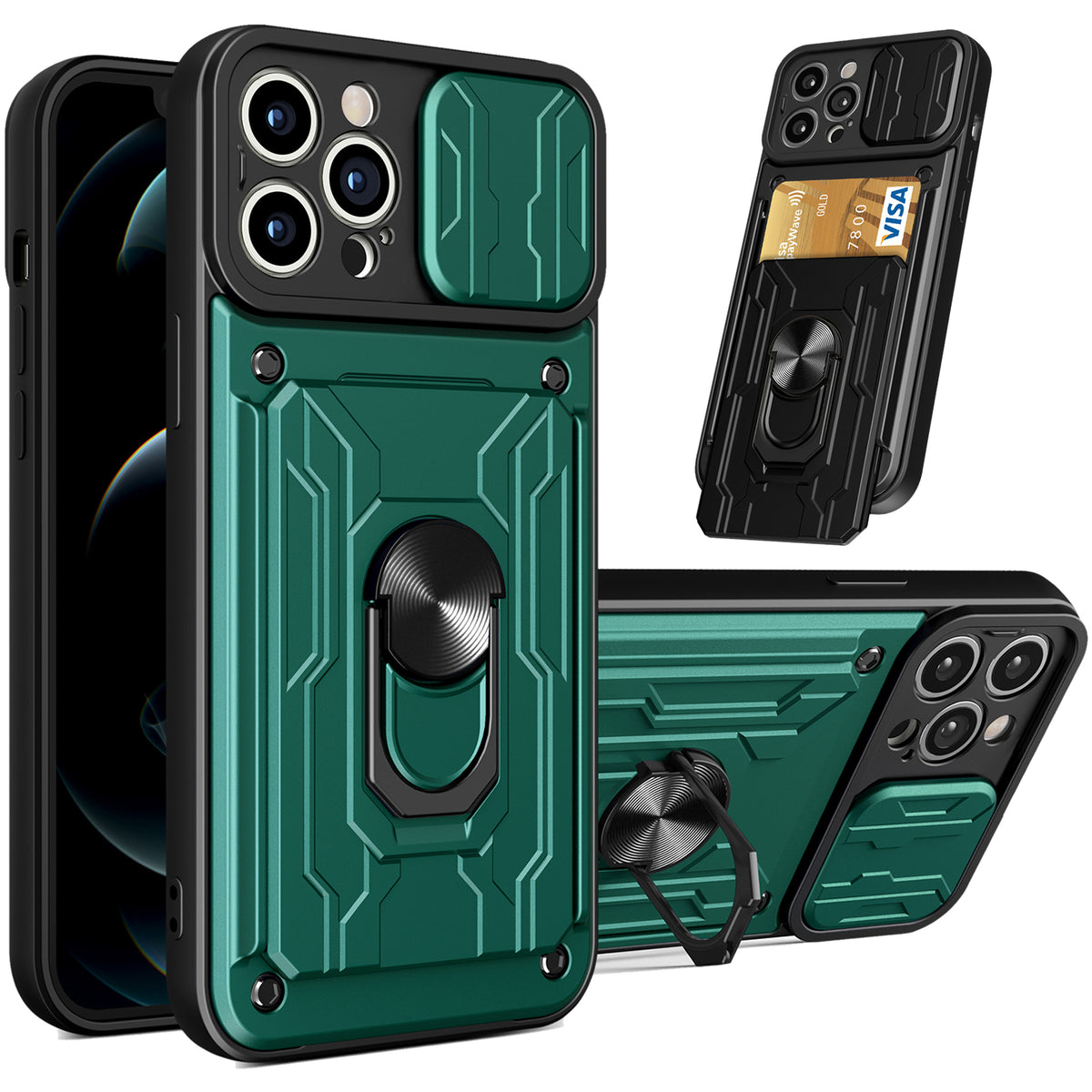 iPhone 15 Pro Max Rugged Shockproof Case Kickstand Card Cover GREEN