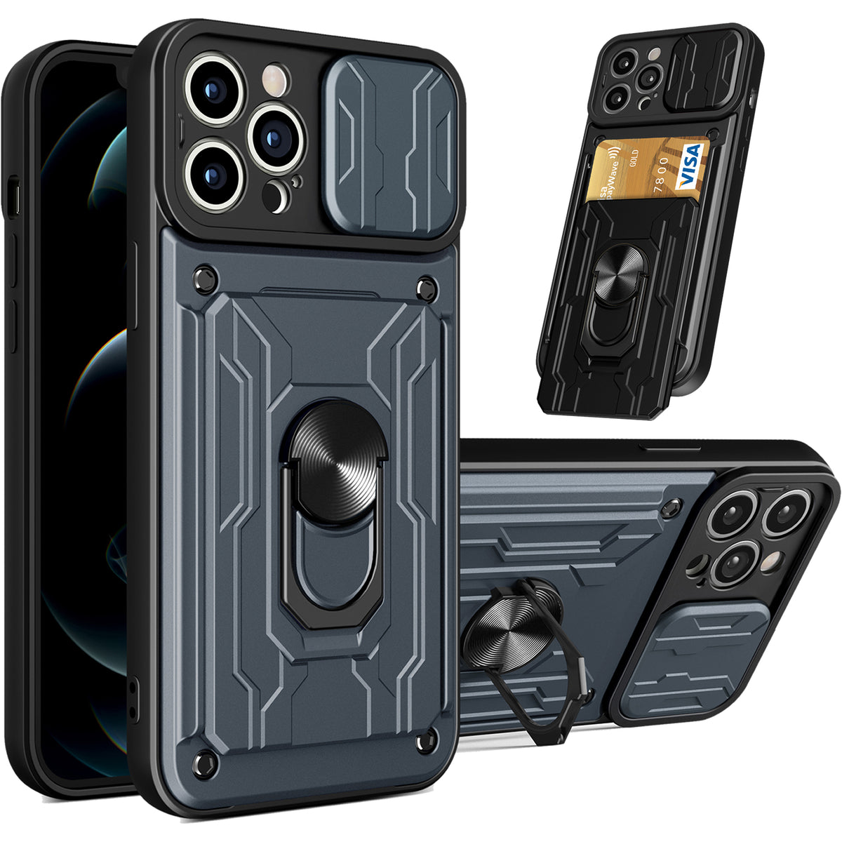 iPhone 15 Pro Rugged Shockproof Case Kickstand Card Cover GREY
