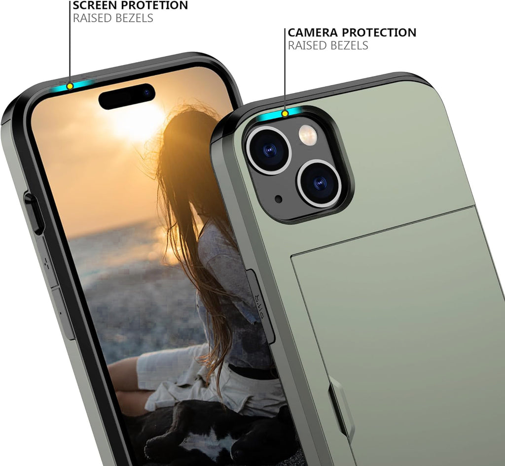 iPhone 15 Shockproof Wallet Case Card Cover GREEN