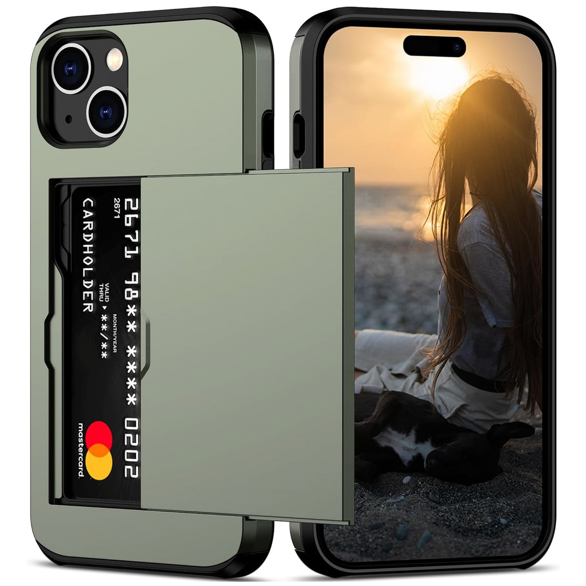 iPhone 15 Shockproof Wallet Case Card Cover GREEN