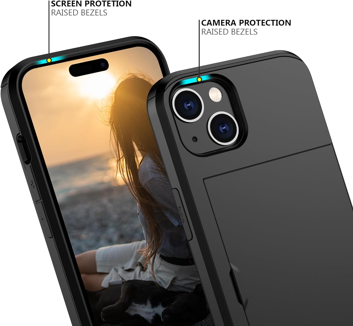 iPhone 15 Plus Shockproof Wallet Case Card Cover BLACK