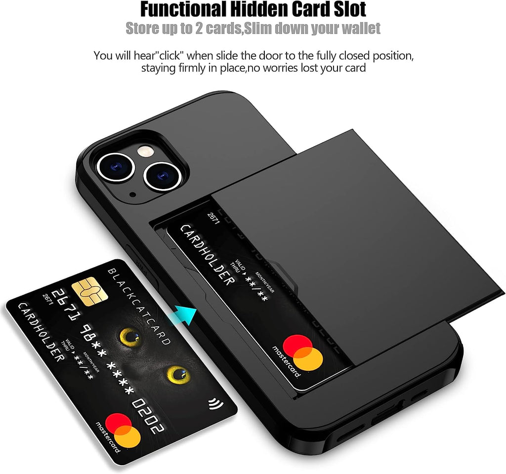 iPhone 15 Plus Shockproof Wallet Case Card Cover BLACK