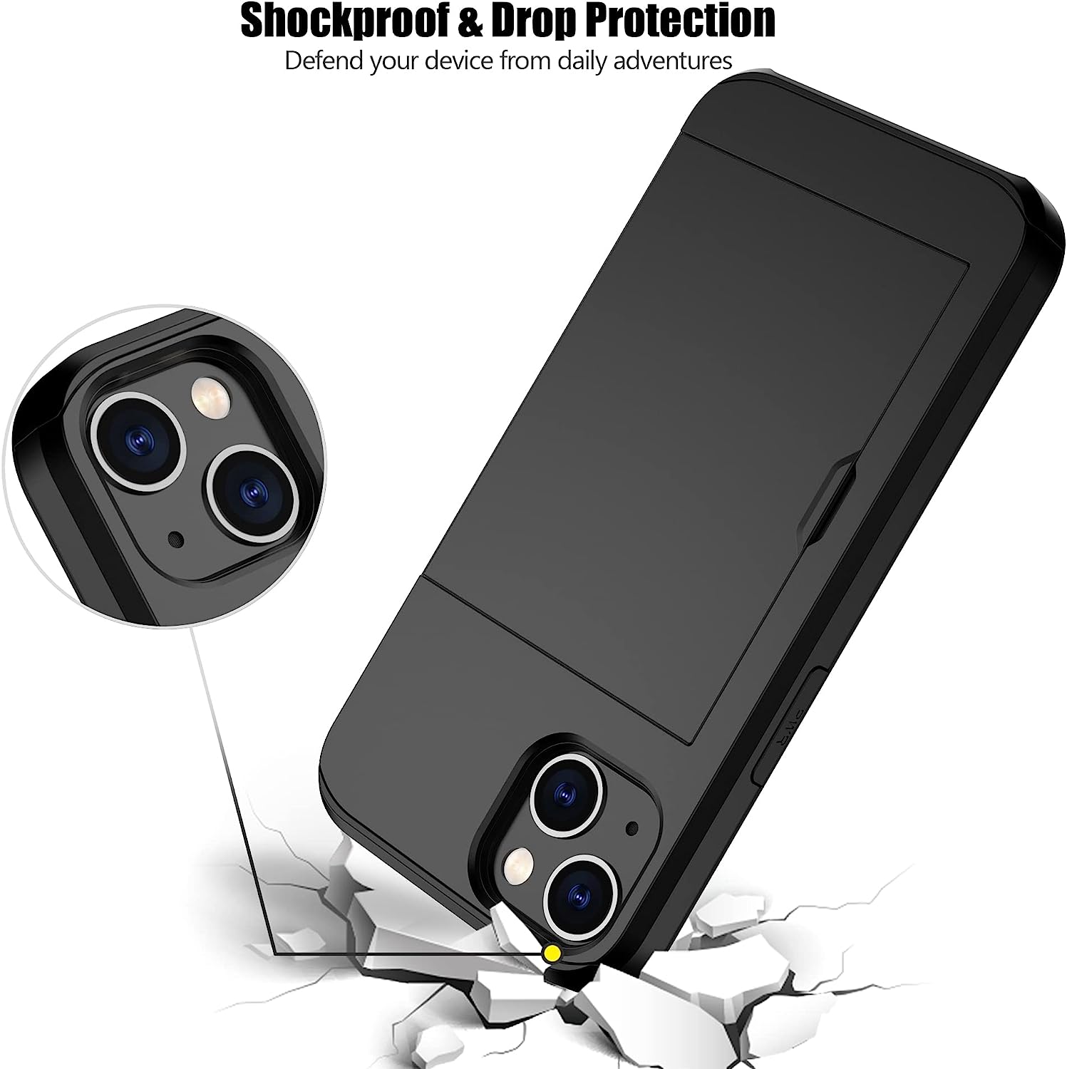 iPhone 15 Plus Shockproof Wallet Case Card Cover BLACK