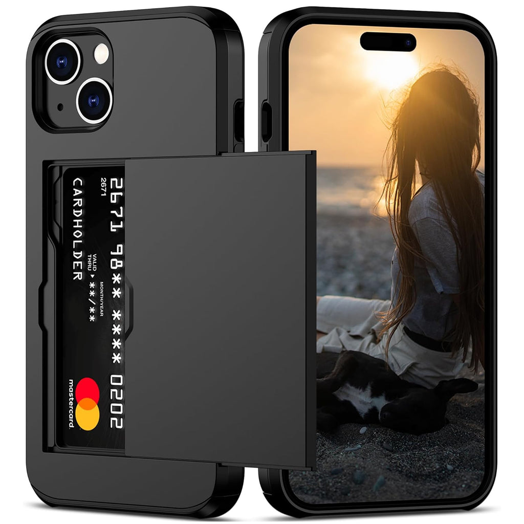 iPhone 15 Plus Shockproof Wallet Case Card Cover BLACK