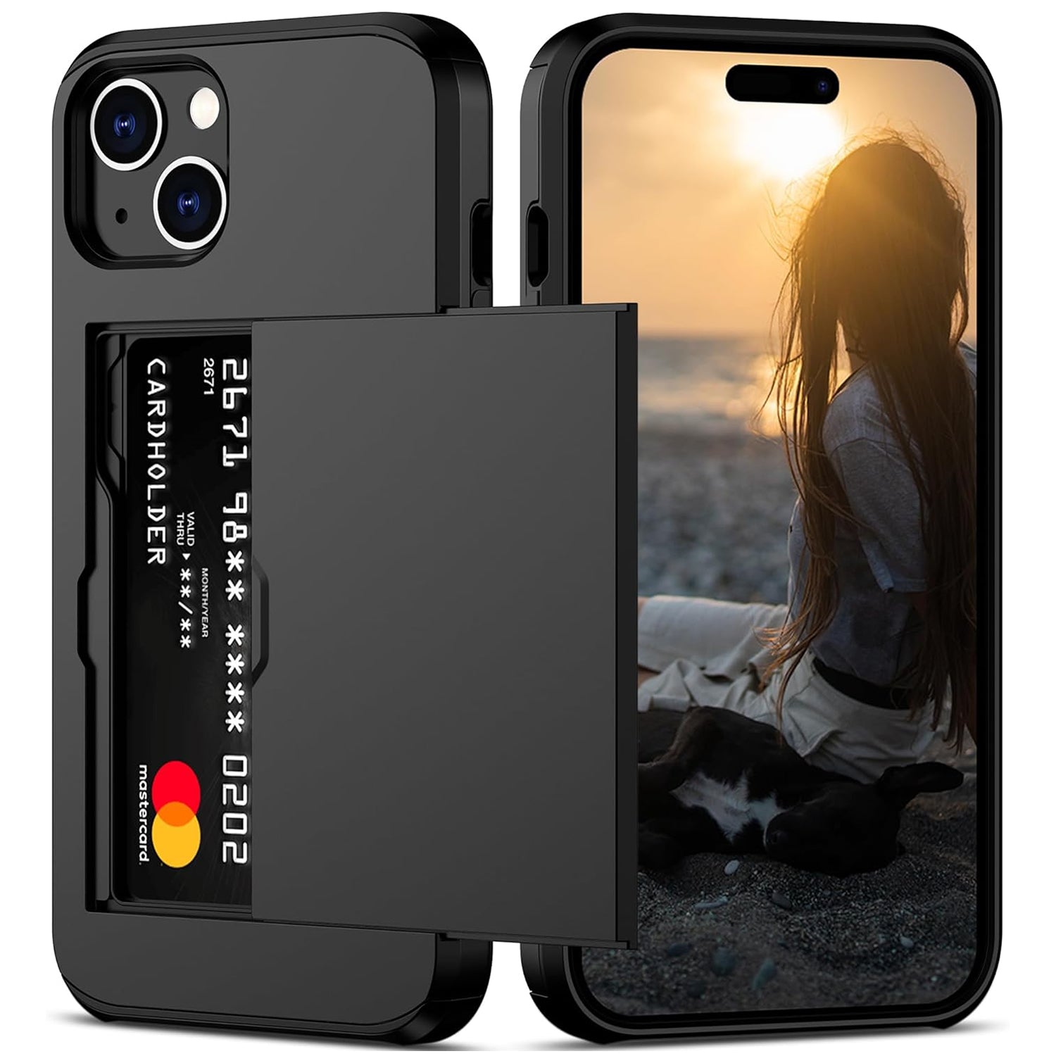 iPhone 15 Plus Shockproof Wallet Case Card Cover BLACK