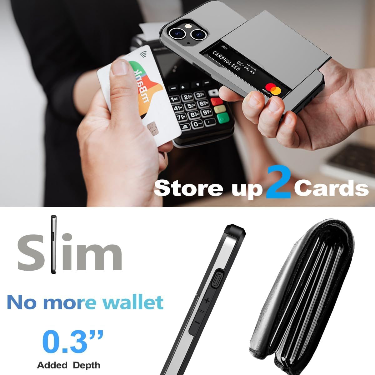 iPhone 15 Shockproof Wallet Case Card Cover GREY