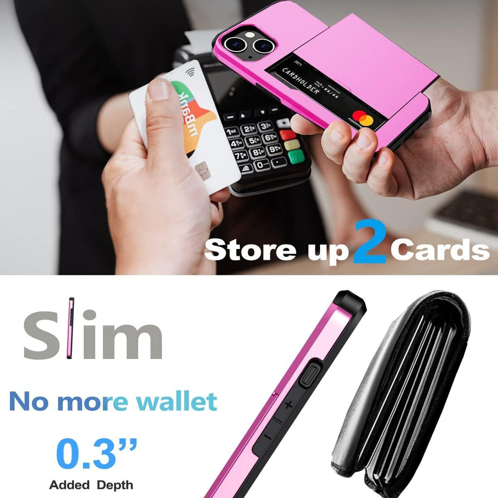 iPhone 15 Shockproof Wallet Case Card Cover HOT PINK