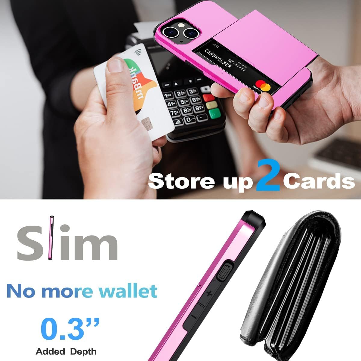 iPhone 15 Shockproof Wallet Case Card Cover HOT PINK