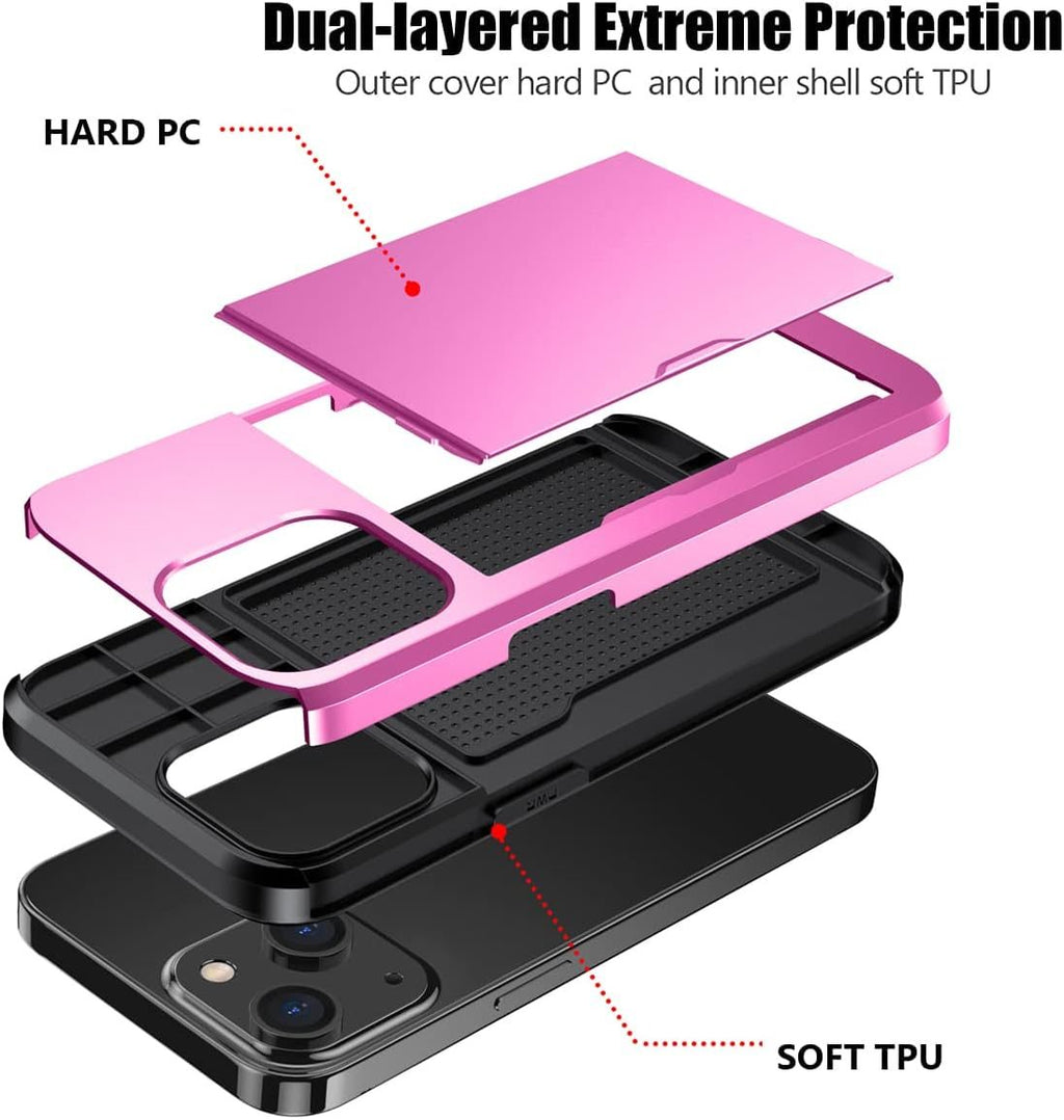 iPhone 15 Shockproof Wallet Case Card Cover HOT PINK