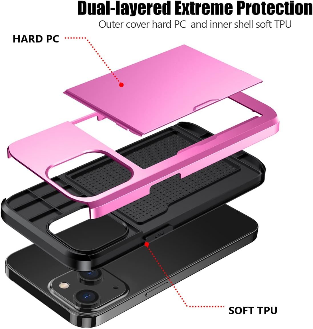 iPhone 15 Shockproof Wallet Case Card Cover HOT PINK