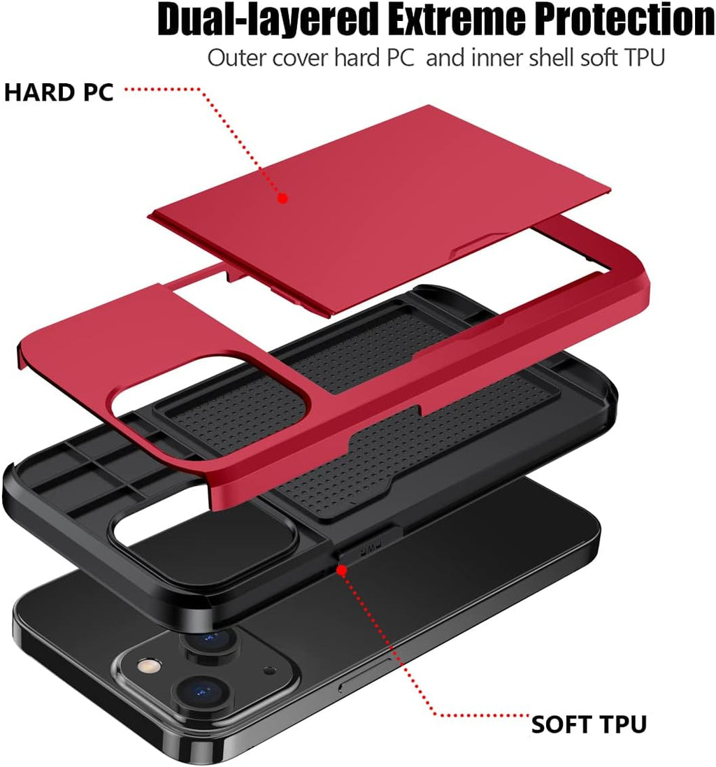 iPhone 14 Plus Shockproof Wallet Case Card Cover RED