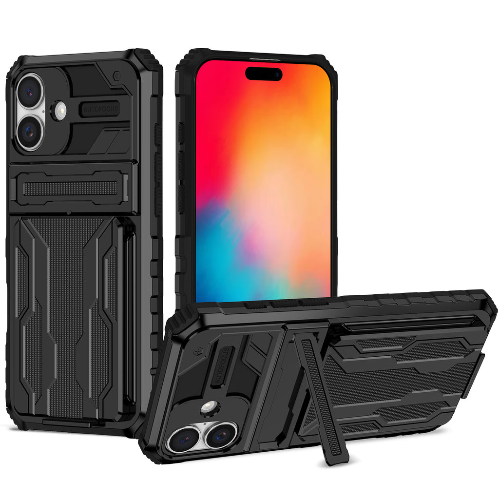 iPhone 16 Plus Heavy Duty Kickstand Case Shockproof Card Holder BLACK