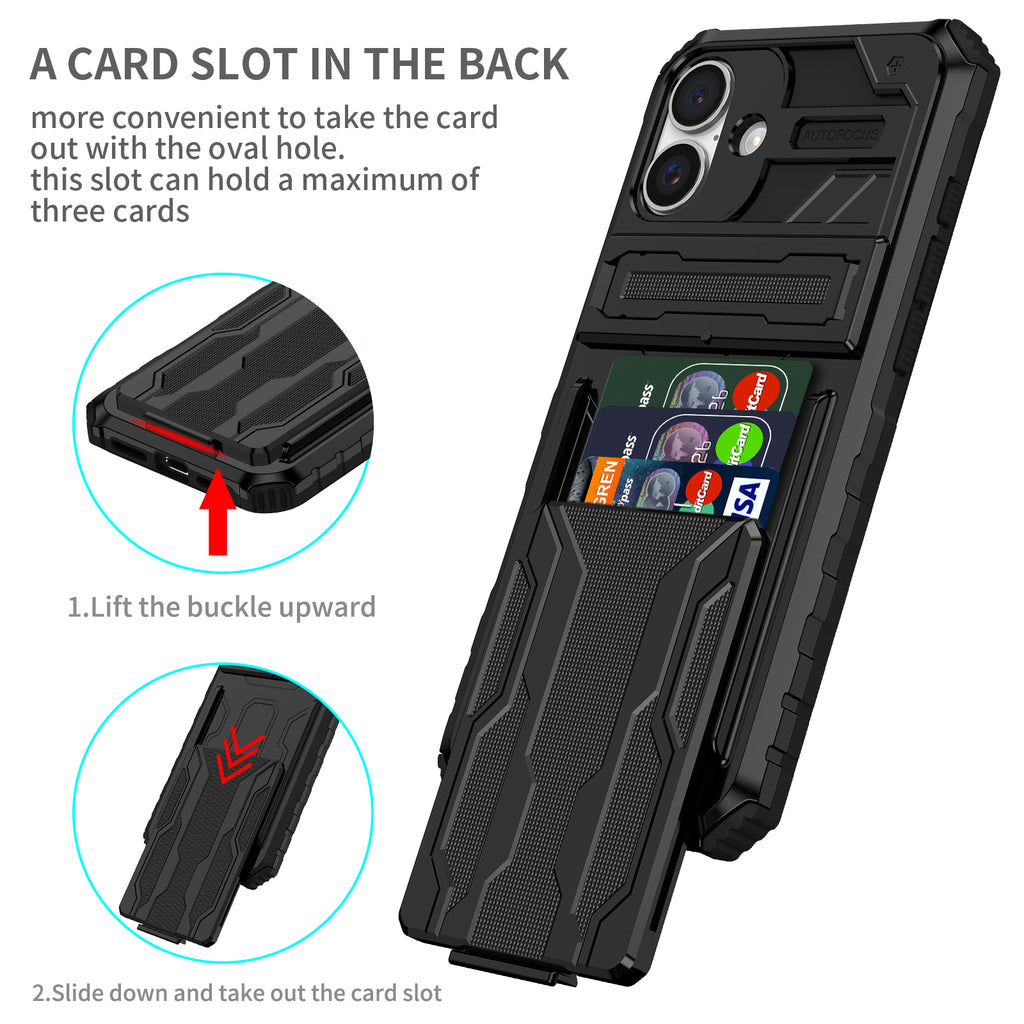 iPhone 16 Plus Heavy Duty Kickstand Case Shockproof Card Holder BLACK
