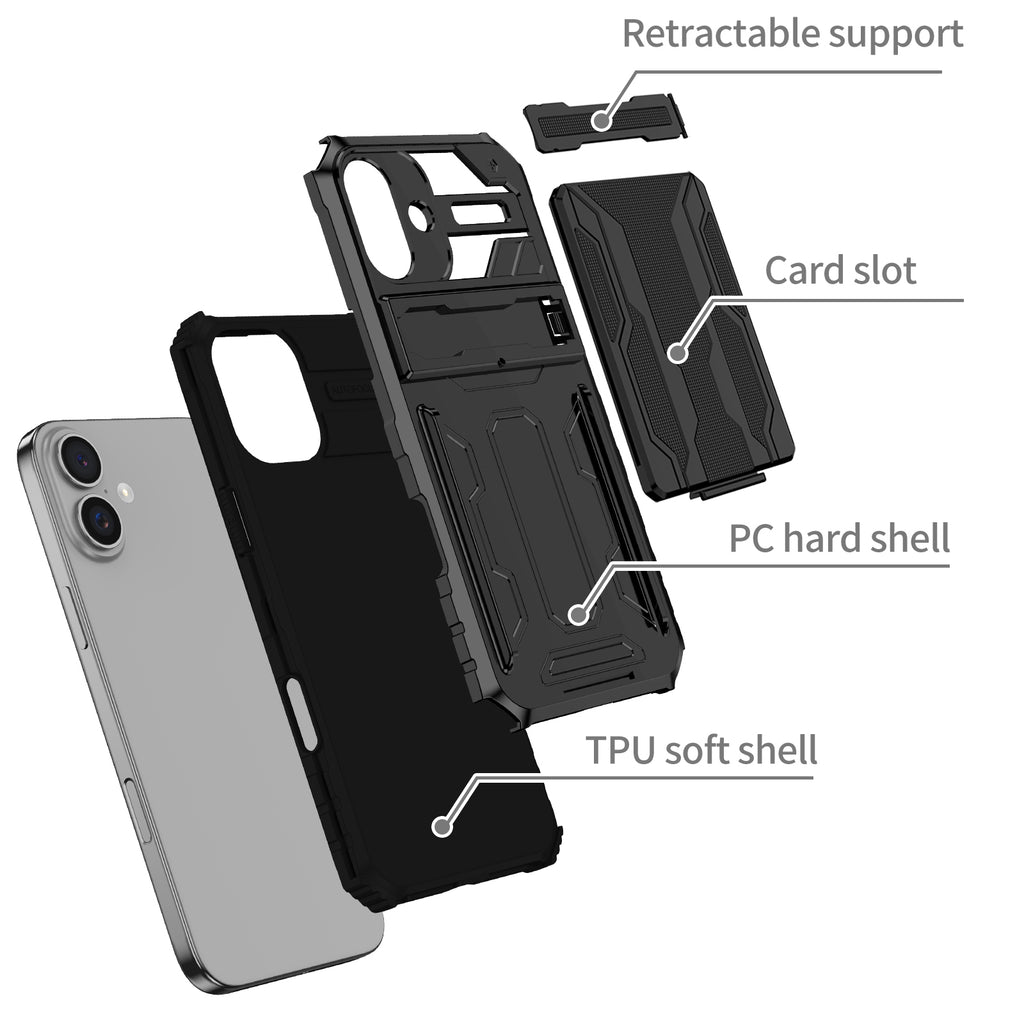 iPhone 16 Plus Heavy Duty Kickstand Case Shockproof Card Holder BLACK
