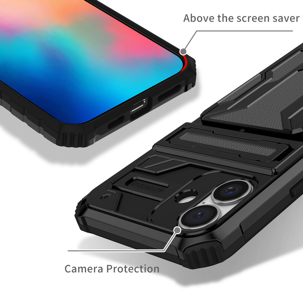 iPhone 16 Plus Heavy Duty Kickstand Case Shockproof Card Holder BLACK