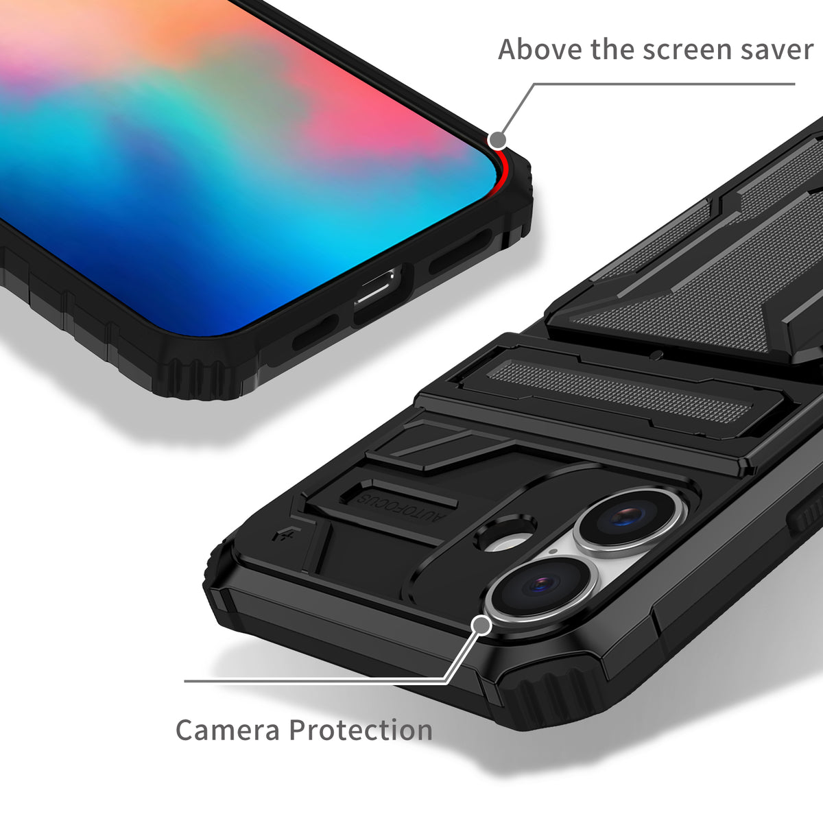 iPhone 16 Plus Heavy Duty Kickstand Case Shockproof Card Holder BLACK