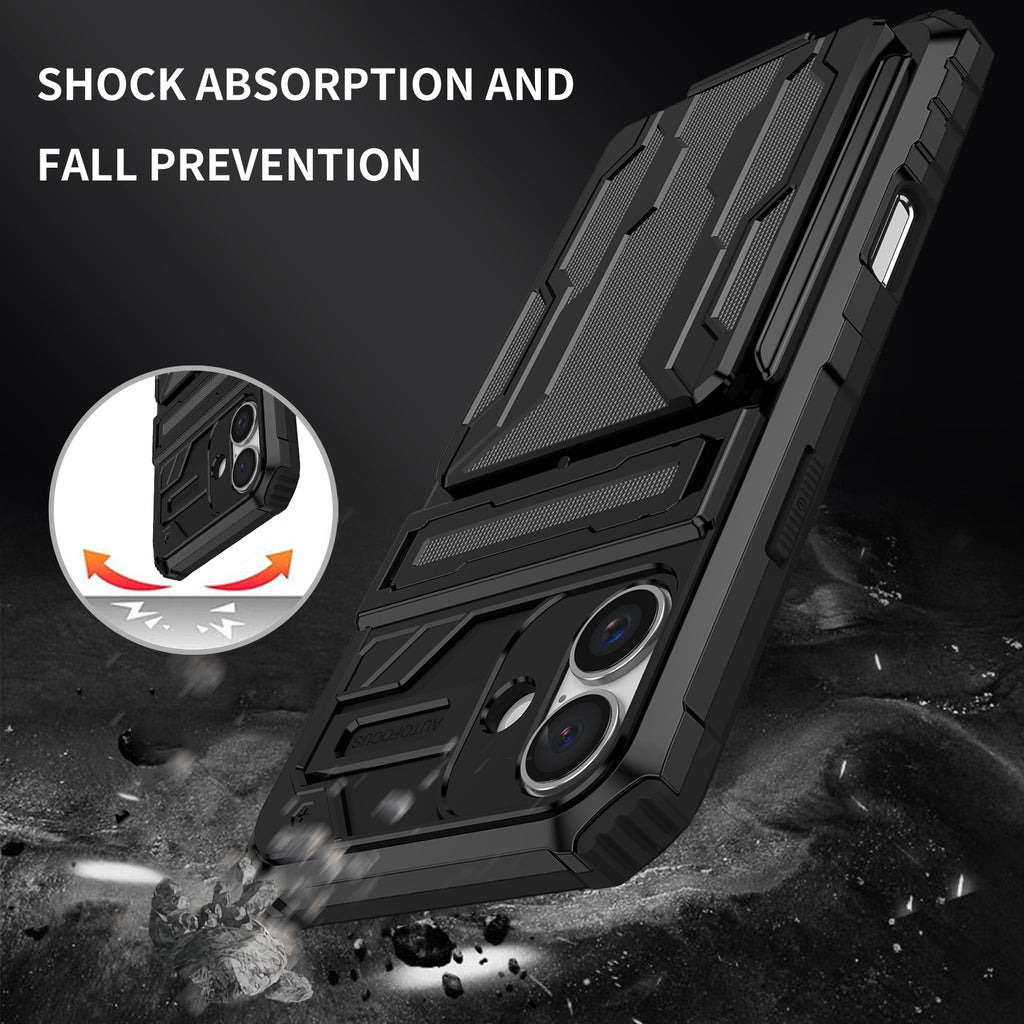 iPhone 16 Plus Heavy Duty Kickstand Case Shockproof Card Holder BLACK