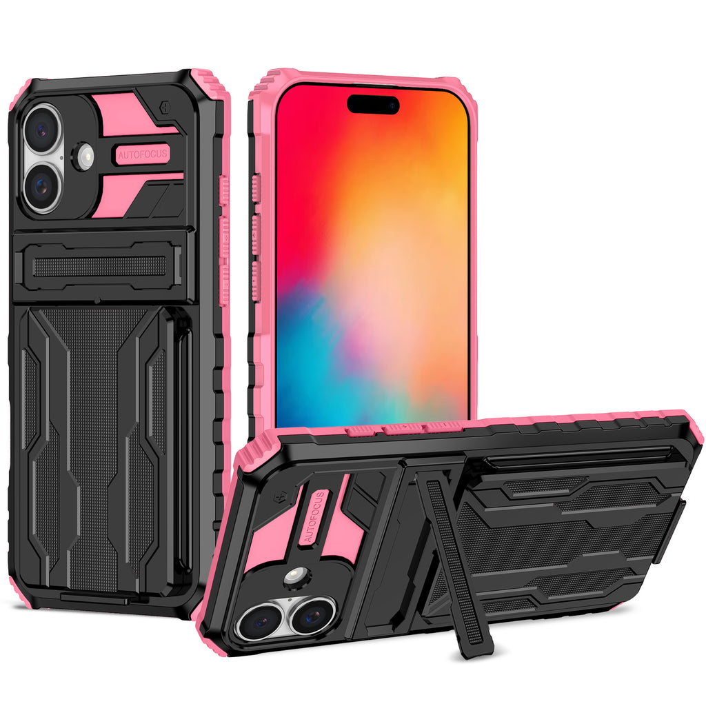 iPhone 16 Heavy Duty Kickstand Case Shockproof Card Holder PINK