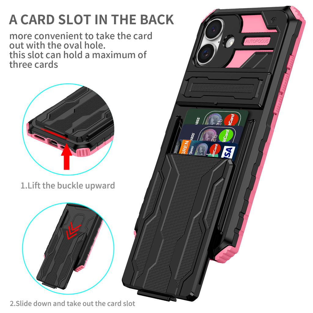 iPhone 16 Heavy Duty Kickstand Case Shockproof Card Holder PINK