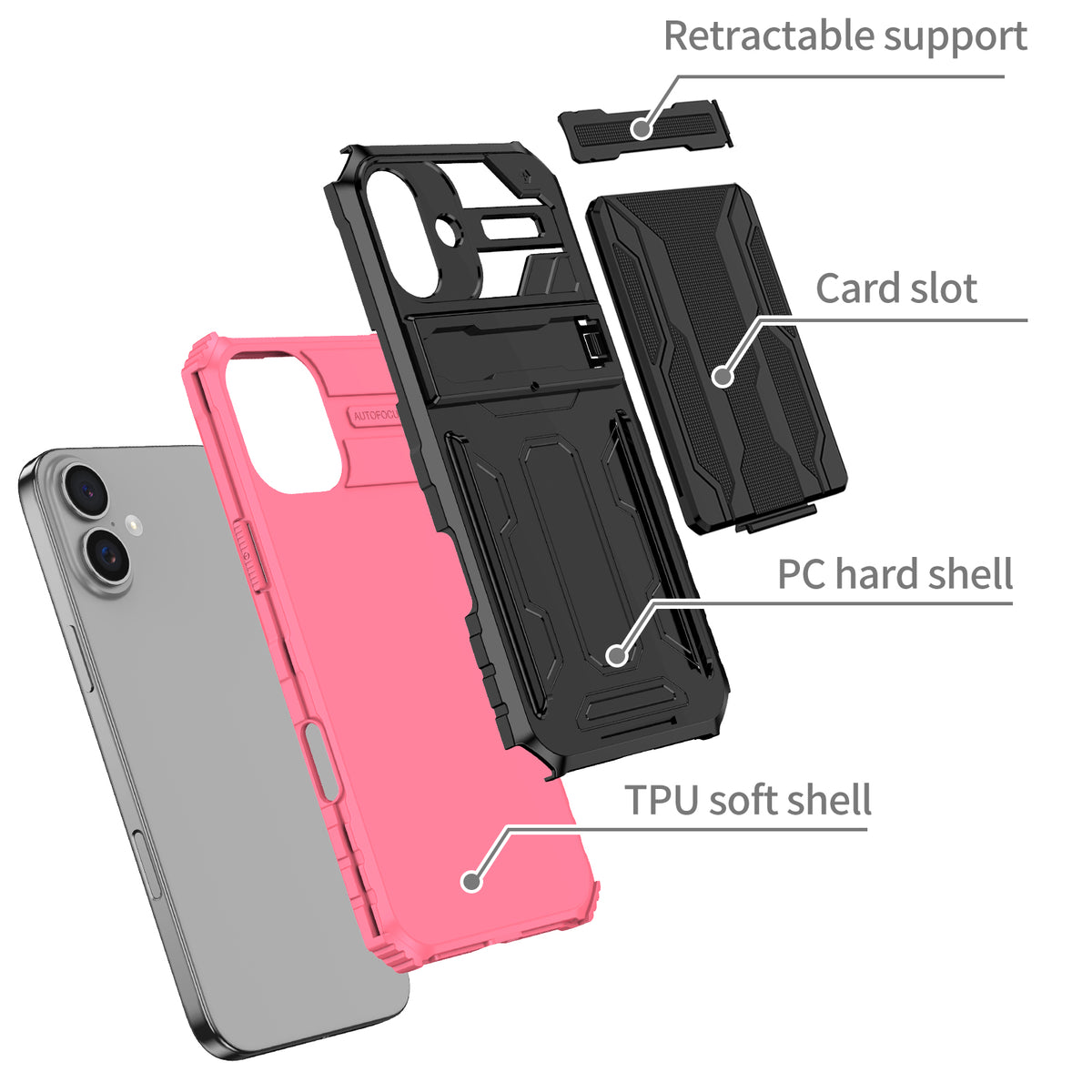 iPhone 16 Heavy Duty Kickstand Case Shockproof Card Holder PINK