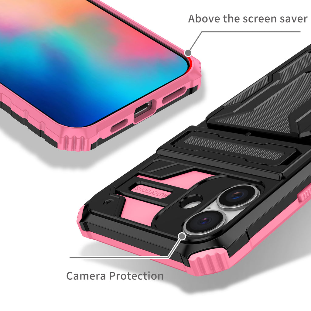 iPhone 16 Heavy Duty Kickstand Case Shockproof Card Holder PINK
