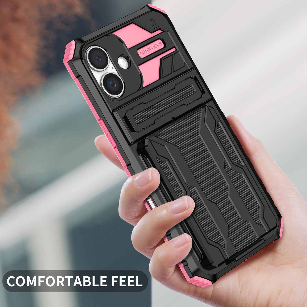 iPhone 16 Heavy Duty Kickstand Case Shockproof Card Holder PINK