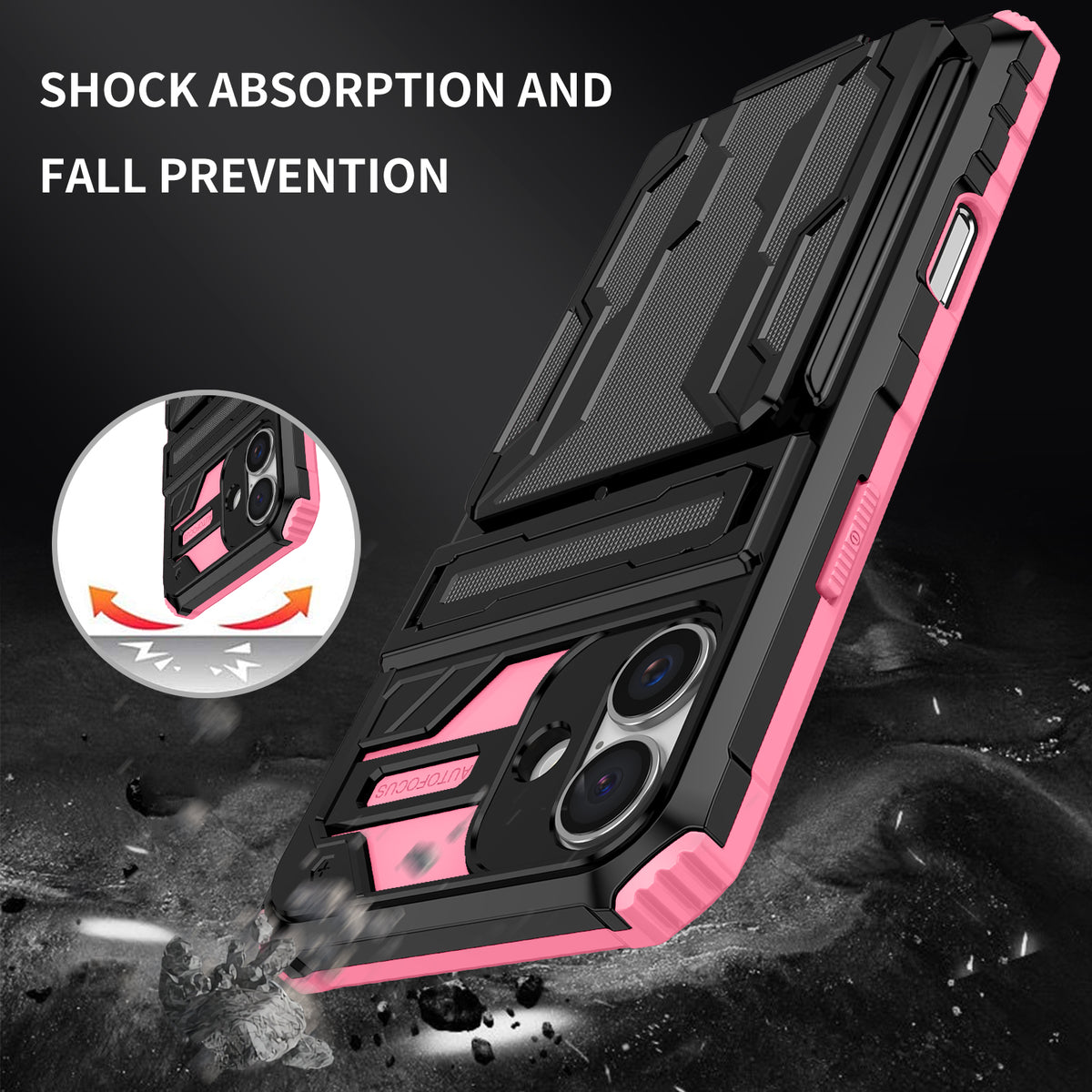 iPhone 16 Heavy Duty Kickstand Case Shockproof Card Holder PINK
