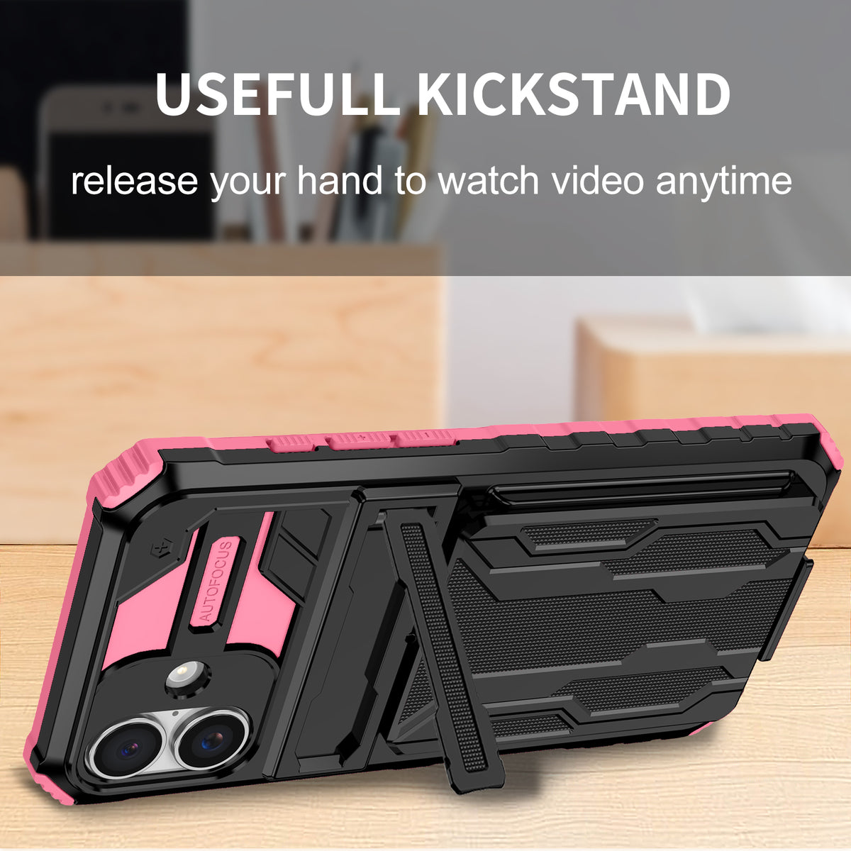 iPhone 16 Heavy Duty Kickstand Case Shockproof Card Holder PINK