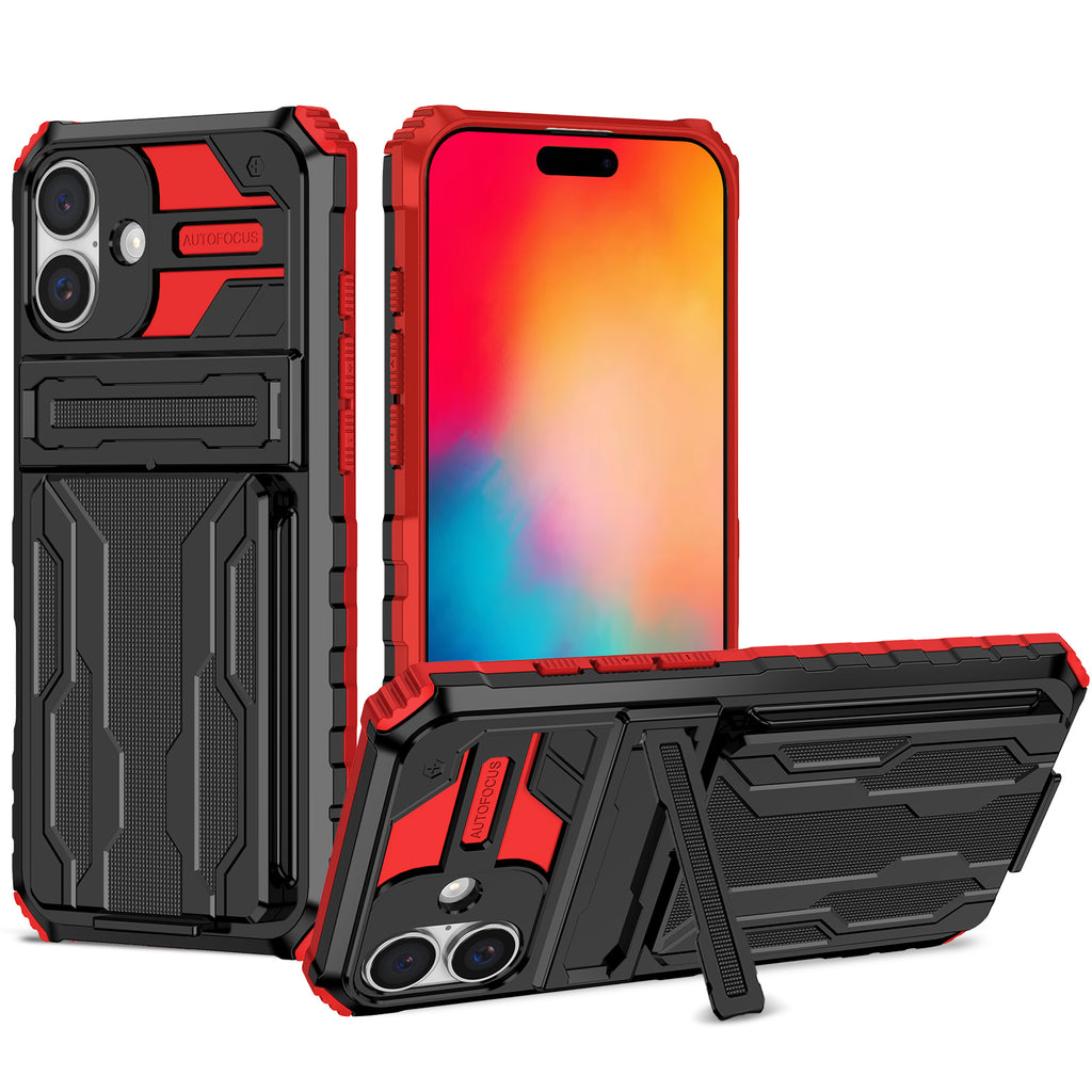 iPhone 16 Heavy Duty Kickstand Case Shockproof Card Holder RED