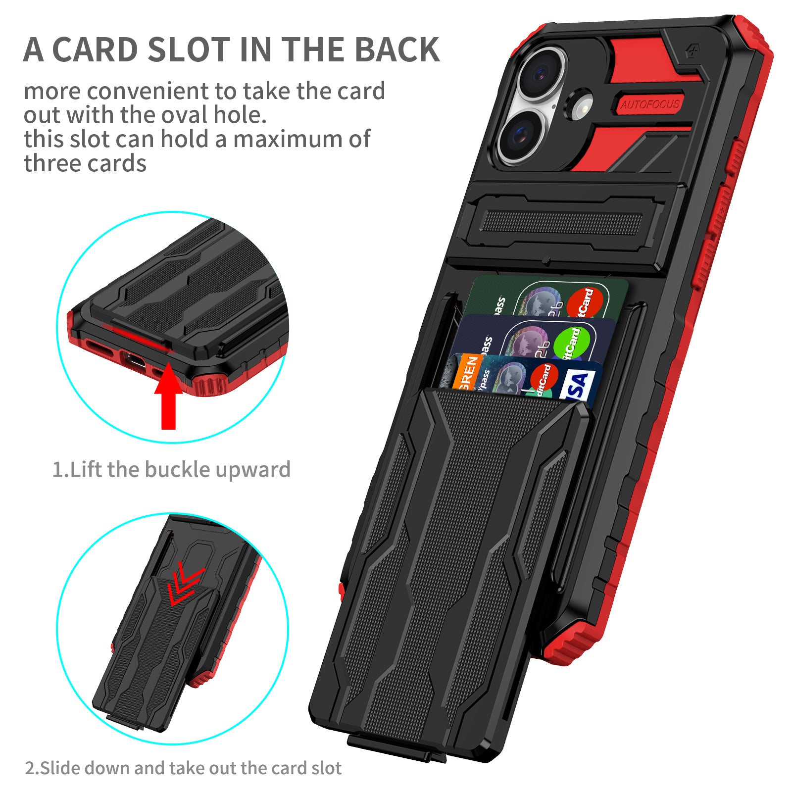 iPhone 16 Heavy Duty Kickstand Case Shockproof Card Holder RED