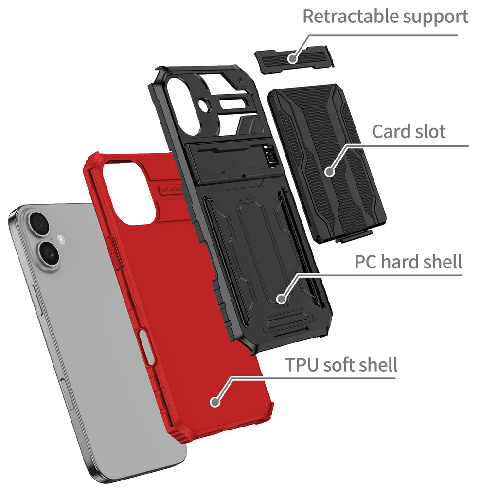 iPhone 16 Heavy Duty Kickstand Case Shockproof Card Holder RED