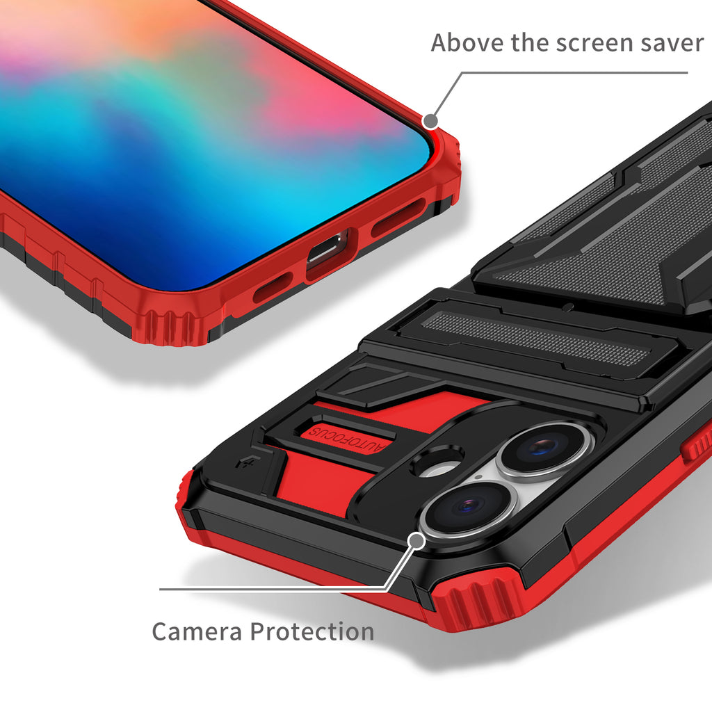 iPhone 16 Heavy Duty Kickstand Case Shockproof Card Holder RED
