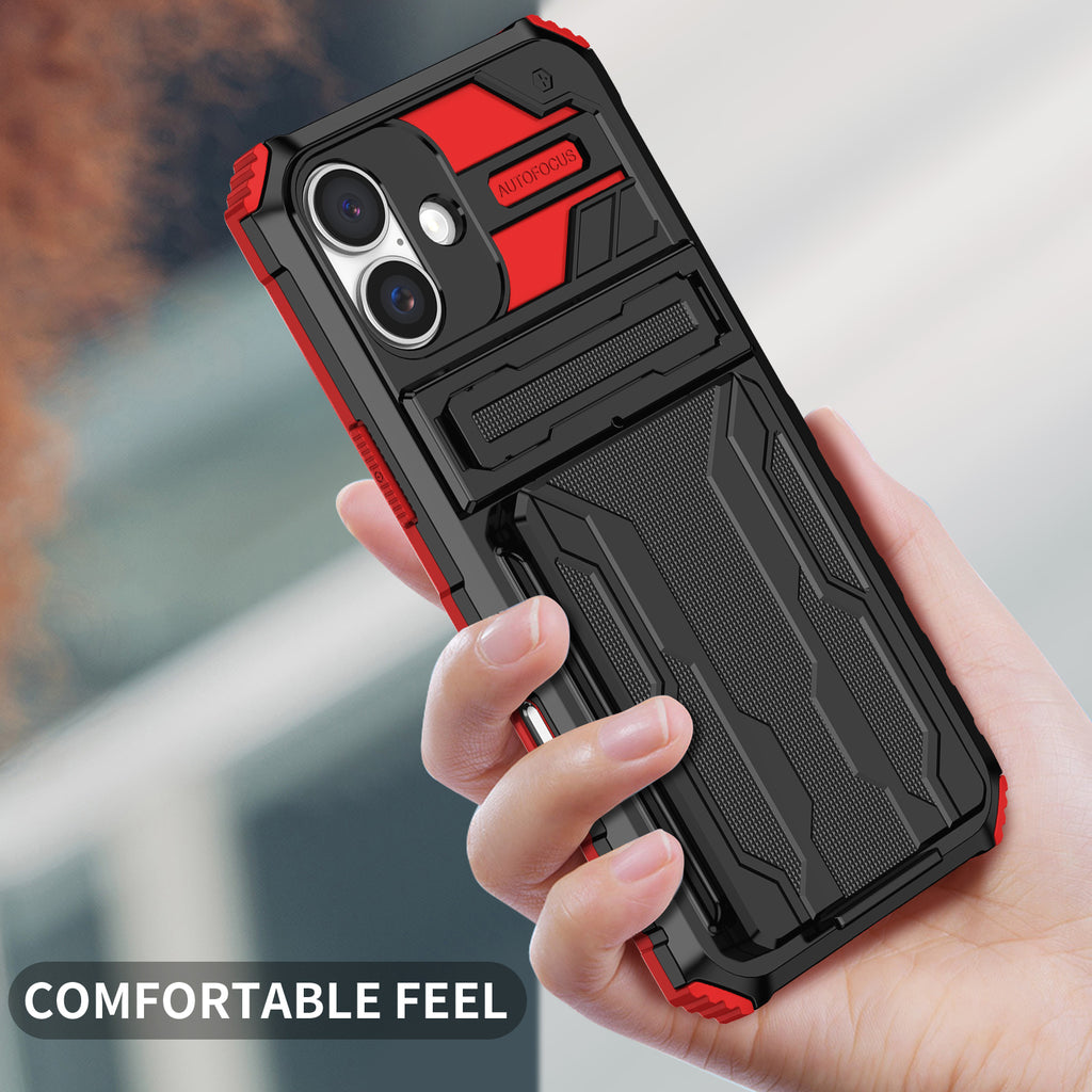 iPhone 16 Heavy Duty Kickstand Case Shockproof Card Holder RED